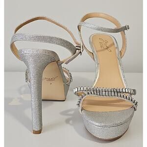 Jewel Badgley Mischka Gallant Platform Sandal Womens 9 Silver Heels Rhinestones